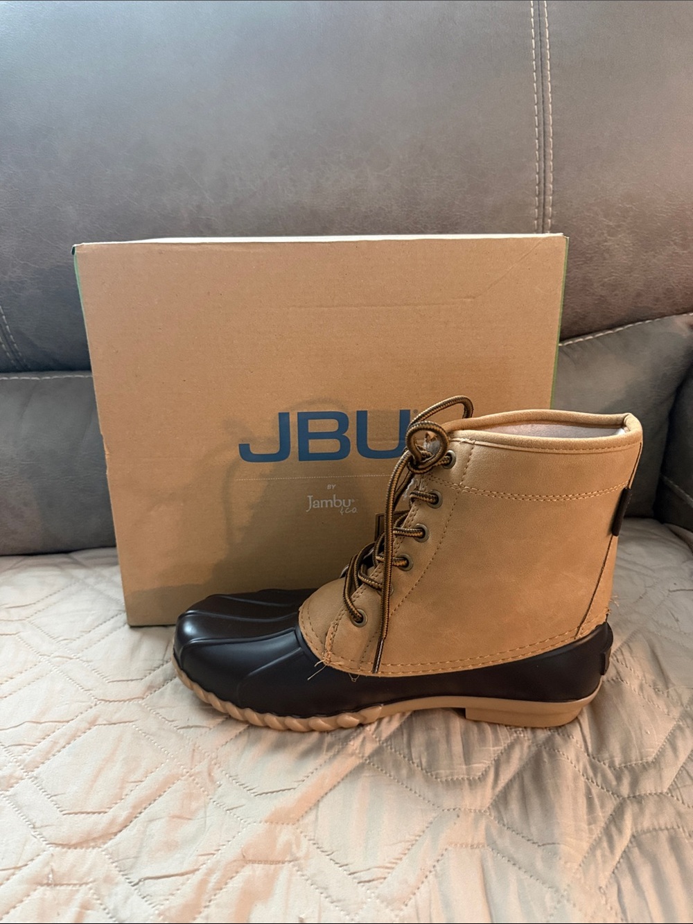Jambu Two-Tone Lace-Up Duck Boots in Tan and Black